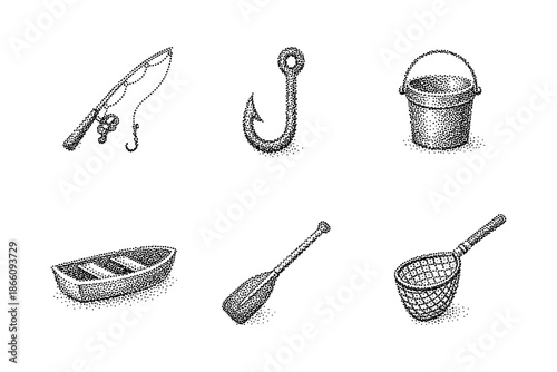 Dot art fishing icons: knife, hook, bucket, boat, paddle, net