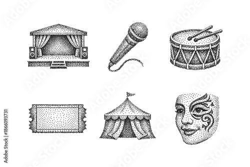Festive theater dots: microphone, stage, carnival icon set