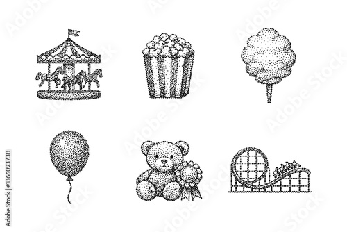 Vintage carnival icons: carousel, popcorn, cotton candy, balloon, teddy bear, roller coaster