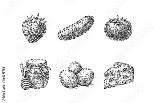 Hand drawn dot artwork of fruits, vegetables, and food items in stipple style