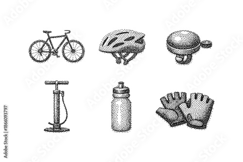 Cycling gear collection: stipple art featuring bicycle, helmet, and accessories
