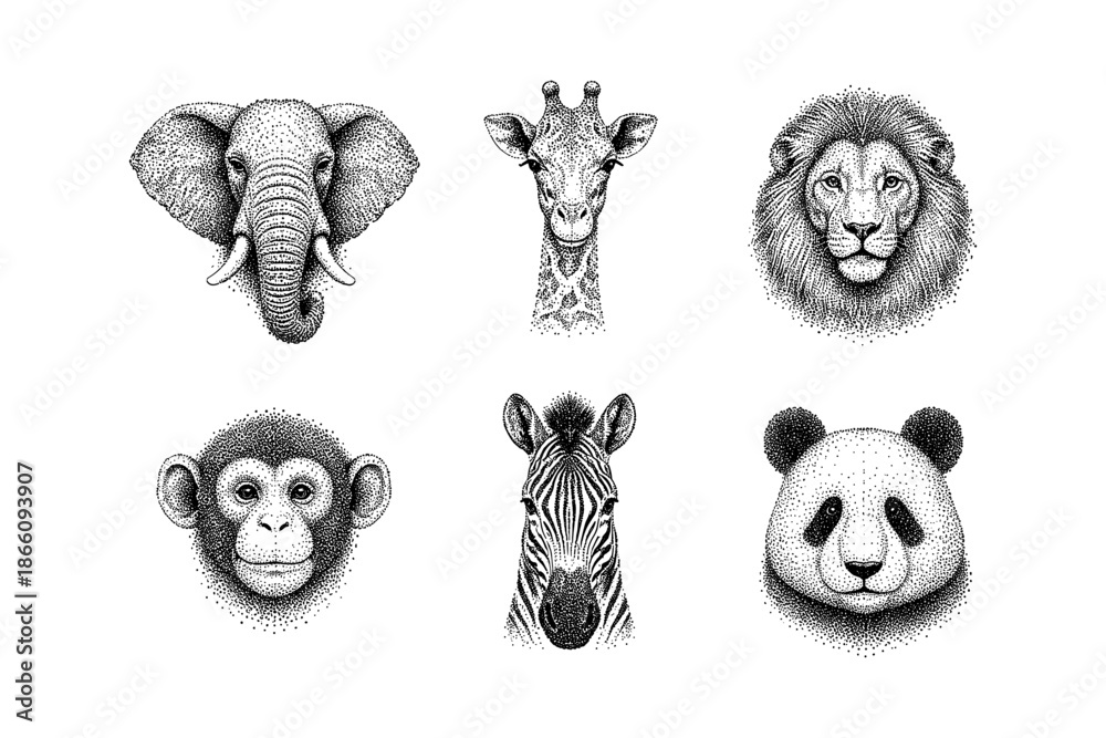 Fototapeta premium Stylized ink drawings of safari and jungle animals on white background