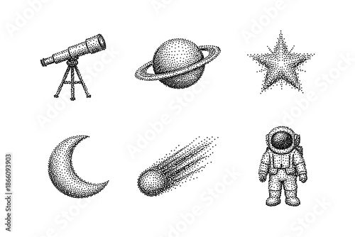 Vintage space exploration set featuring dotwork telescope, astronaut, and celestial bodies