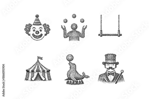 Circus icons set: halftone style featuring clown, juggler, and ringmaster