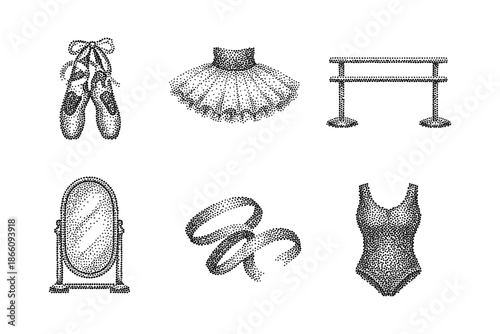 Elegant ballet essentials: pointe shoes, tutu, leotard, and more in classic stippling style