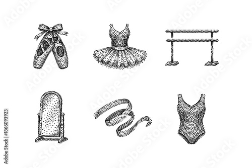 Vintage ballet icons: pointe shoes, tutu, and dance accessories