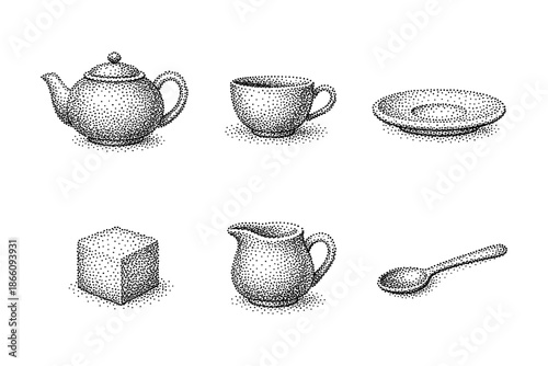 Stippling tea set collection with cup, teapot, sugar cube, and spoon in vintage style