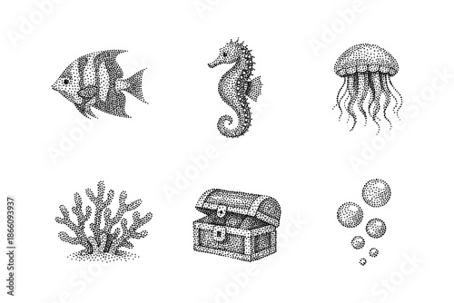 Vintage dot art marine life with seahorse, jellyfish, and treasure chest