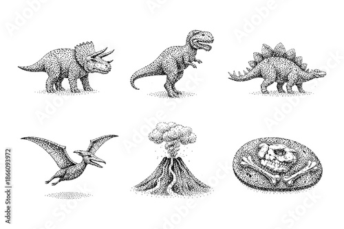 Detailed dotwork dinosaurs and prehistoric elements collection in black and white