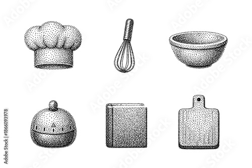 Halftone kitchenware icons: chef hat, whisk, bowl, timer, cookbook, cutting board