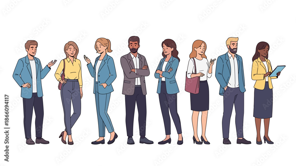 Obraz premium A diverse group of professional business people, men and women, standing together, representing a modern and inclusive workforce, ready for collaboration and success in the corporate world