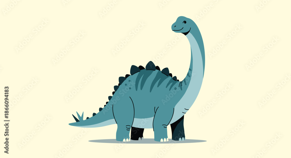 Naklejka premium Large blue dinosaur with a long neck and prominent dark blue spikes along its back standing in a simple profile view on a beige background.