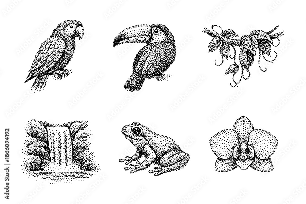 Obraz premium Stipple art: tropical wildlife and nature elements in intricate dot work design