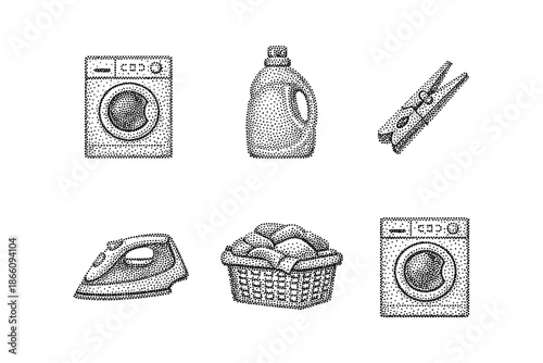 Laundry essentials dot art: washing machine, detergent, iron, and more