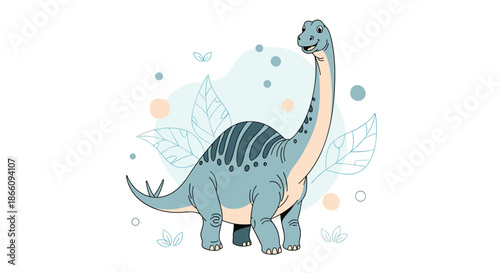Large friendly blue long-necked brachiosaurus dinosaur standing with a decorative leaf background in a clean vector illustration.