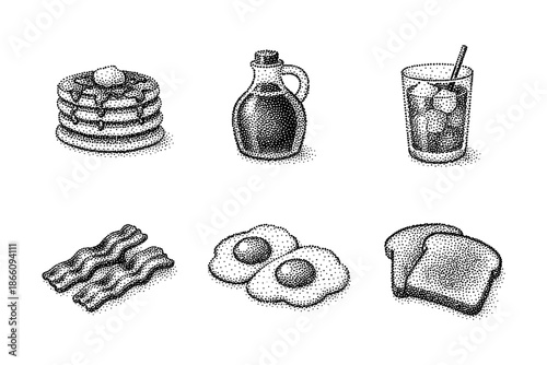 Halftone breakfast icons: pancakes, syrup, iced drink, bacon, eggs, toast