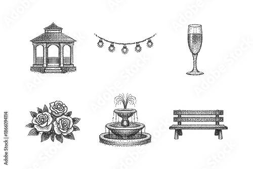 Stipple art set: gazebo, lanterns, champagne, roses, fountain, bench