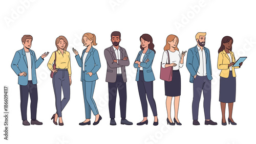 A diverse group of professional business people, men and women, standing together, representing a modern and inclusive workforce, ready for collaboration and success in the corporate world