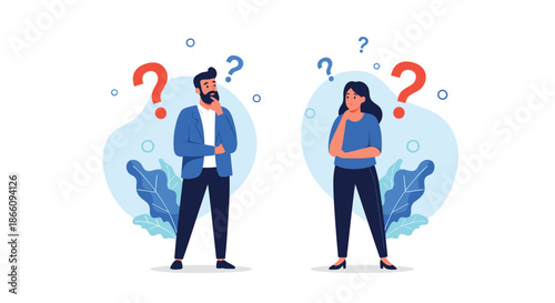 Man and woman in professional attire looking thoughtful and confused with several red and blue question marks above their heads.