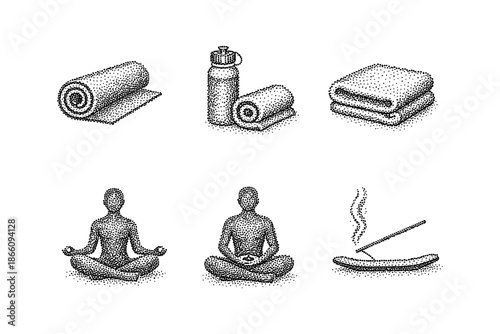 Dotwork wellness icons: yoga, meditation, and relaxation essentials