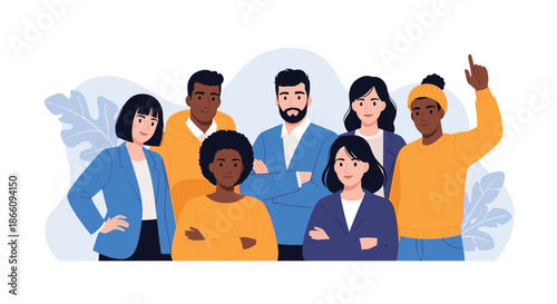 Large group of diverse men and women from different backgrounds standing together in a professional and friendly team pose.