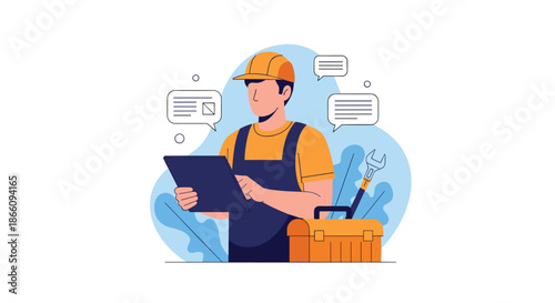 Professional engineer or industrial worker in a hard hat and overalls holding a tablet while standing next to a toolbox with icons.