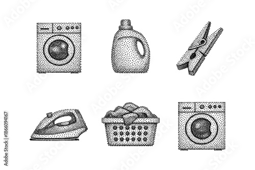 Retro halftone laundry icons: washer, detergent, iron, basket, pegs