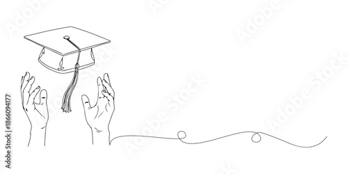 Continuous one line of a graduation cap floating between outstretched fingers, symbolism of academic achievement, drawn vector illustration.