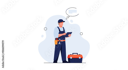 Professional service technician or worker in a cap and overalls holding a digital tablet next to a toolbox with tools on his belt.