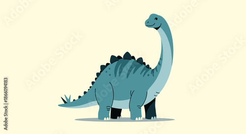 Large blue dinosaur with a long neck and prominent dark blue spikes along its back standing in a simple profile view on a beige background.