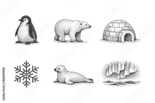 Monochrome dot art: arctic animals and landscapes with igloo and snowflake