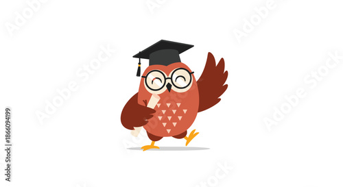 Successful cartoon owl wearing a graduation cap and glasses holding a rolled diploma in its wing while celebrating academic success.
