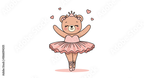 Cute teddy bear wearing a pink tutu and ballet shoes performs a dance surrounded by small hearts on a plain background.