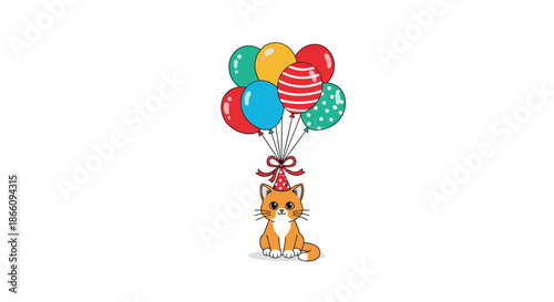 Tiny ginger kitten wearing a red party hat is lifted into the air by a bunch of colorful spotted and striped balloons.