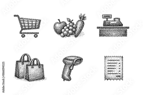 Halftone shopping icons: cart, groceries, cash register, bags, scanner, receipt