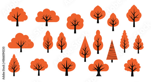 Large set of various autumn tree silhouettes in different shapes and orange tones perfect for seasonal landscape designs.