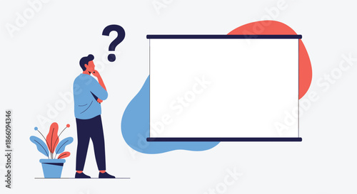 Thoughtful man standing in a thinking pose with a question mark over his head next to a large blank whiteboard screen.