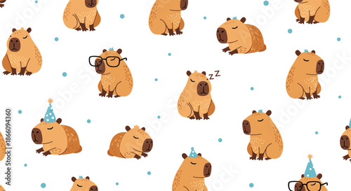Seamless pattern featuring cute capybaras in various activities such as sleeping, wearing glasses, and celebrating with party hats.
