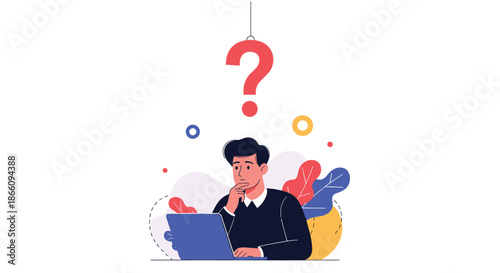 Worried man sits at his laptop computer with a large red question mark hanging above his head in a search for answers.