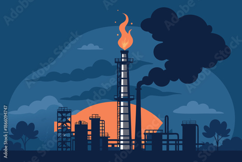 Refinery Flare Stack Night Skyline Backgro