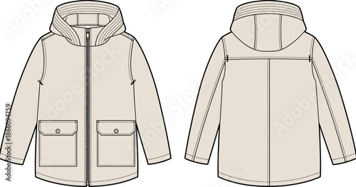 Anorak flat sketch showing hood construction, twin flap pockets, horizontal baffle panels, central fastener closure, knitted hem and cuff technical illustration