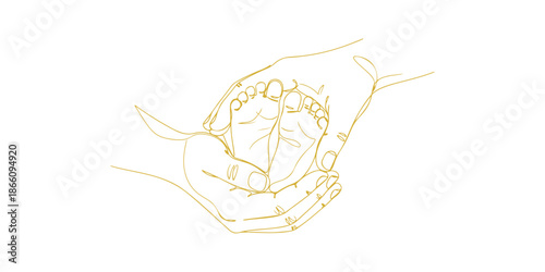 Continuous one line of a two hands gently holding a baby's feet, drawn vector illustration.