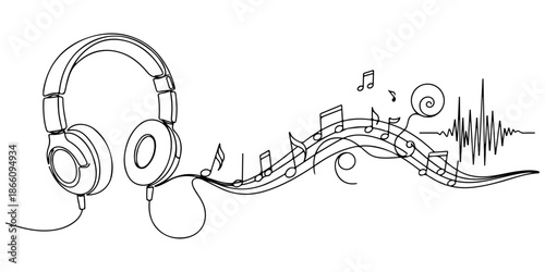 Continuous one line of a headphone with flowing cable, symbolism of music and creativity, drawn vector illustration.
