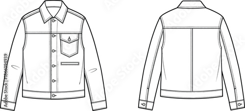 Men denim jacket technical illustration, classic button front trucker jacket with chest pocket, front and back views, clean apparel fashion vector outline