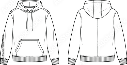 Men hooded sweatshirt technical illustration, classic pullover hoodie with kangaroo pocket, front and back views, clean apparel fashion vector outline