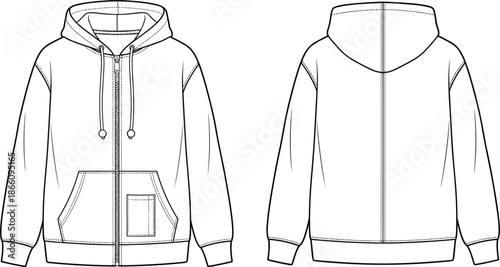 Men zip up hooded sweatshirt technical illustration, classic hoodie with front pocket detail, front and back views, clean apparel fashion vector outline