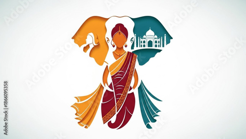 Indian woman in traditional sari dress with taj mahal and indian flag colors, cultural symbol of india and freedom with Asian and illustration