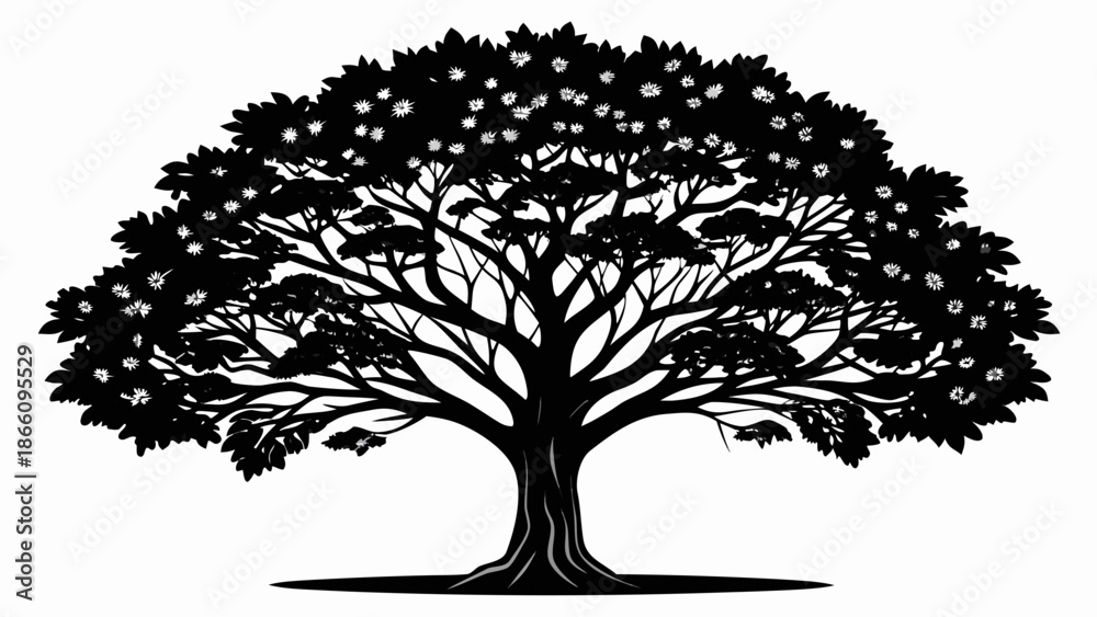 Fototapeta premium Very beautiful black vector silhouette of a leafy tree, cleanly isolated on white background, ideal for nature concepts, environmental graphics, minimal branding, landscape design, and modern botanica