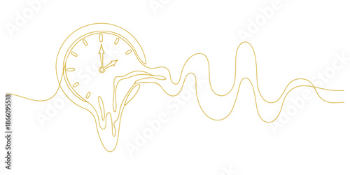 Continuous one line of a clock melting into a flowing line, time concept, drawn vector illustration.