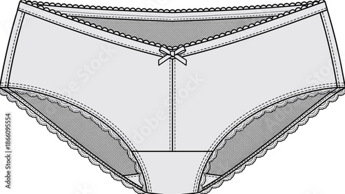Women lace underwear illustration with bow detail, seamless brief design, black and white technical vector drawing, feminine lingerie garment